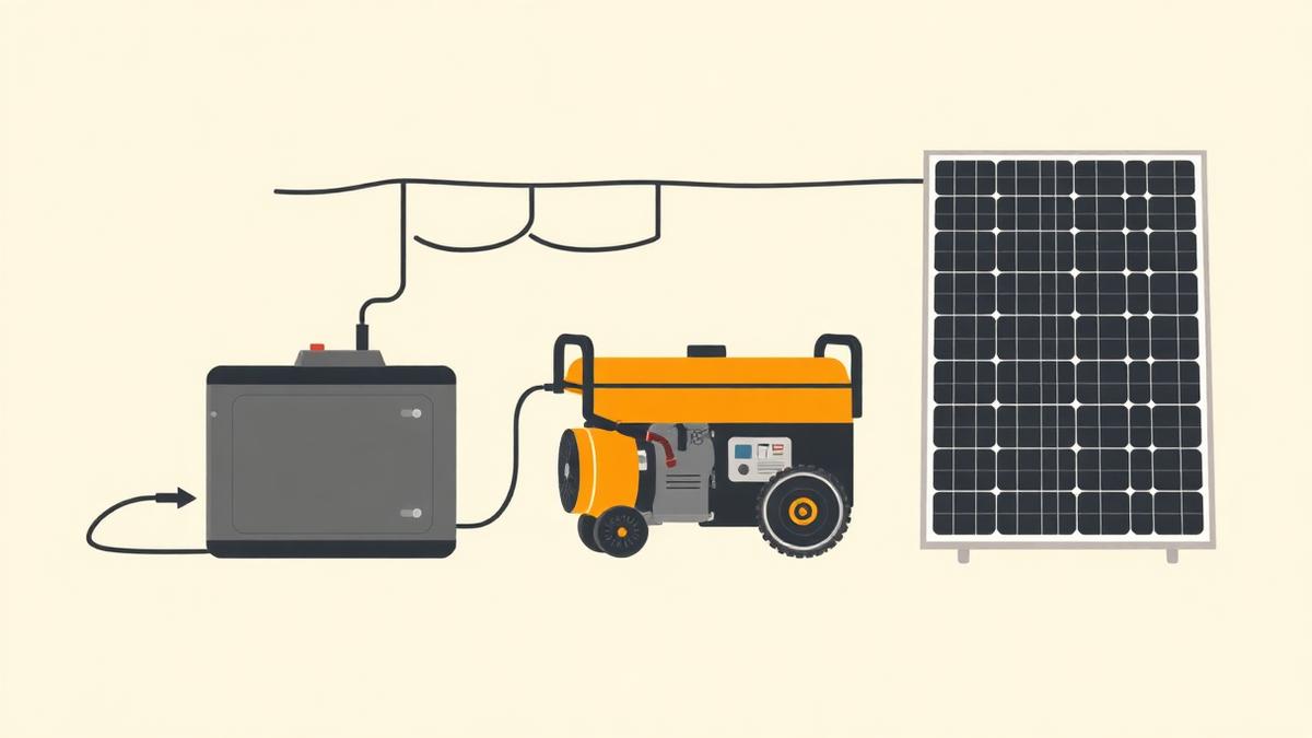 Illustration of an IPS battery unit, a portable generator and a solar panel side by side
