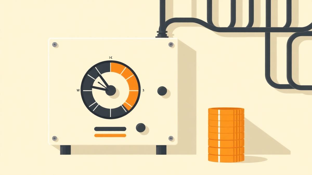 Illustration of an electrical panel with a kilowatt demand gauge beside a stack of coins