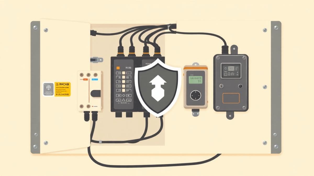 Illustration of a distribution board with circuit breakers, an RCCB and a surge protector